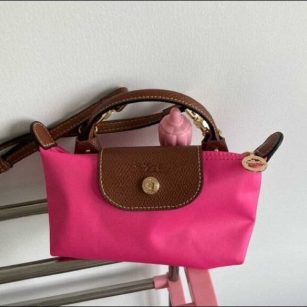 Longchamp Le Pliage Dark Pink & Brown Canvas Mini Bag For Women